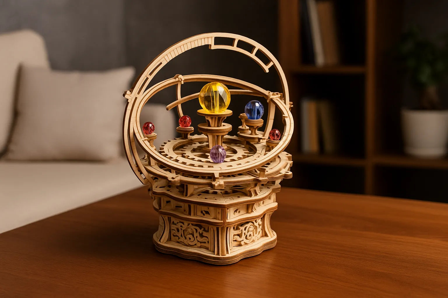 Maquette en bois du système solaire avec sphères en cristal coloré posée sur une table en bois dans un salon.