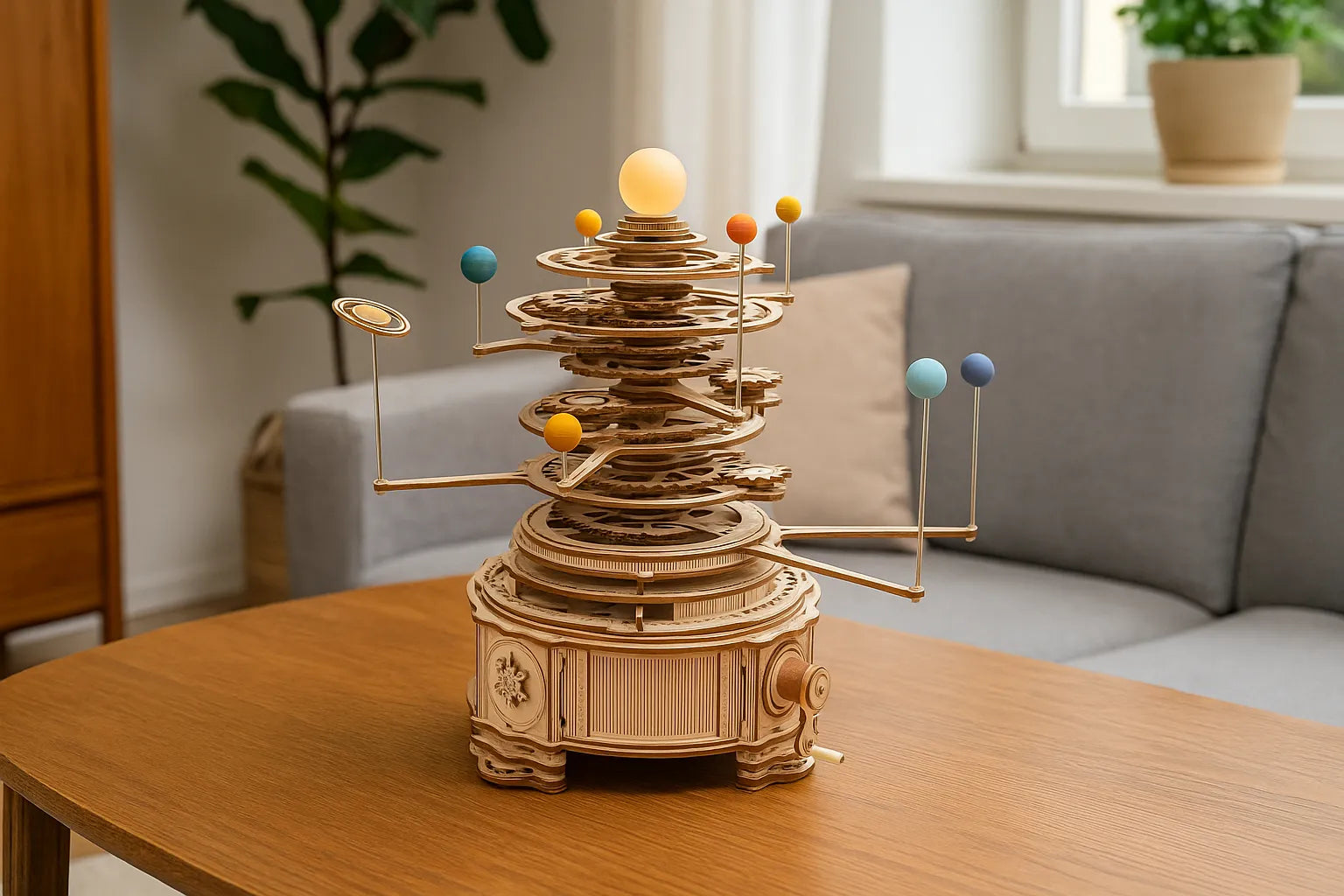 Maquette en bois du système solaire mécanique avec planètes colorées posée sur une table en bois devant un canapé.