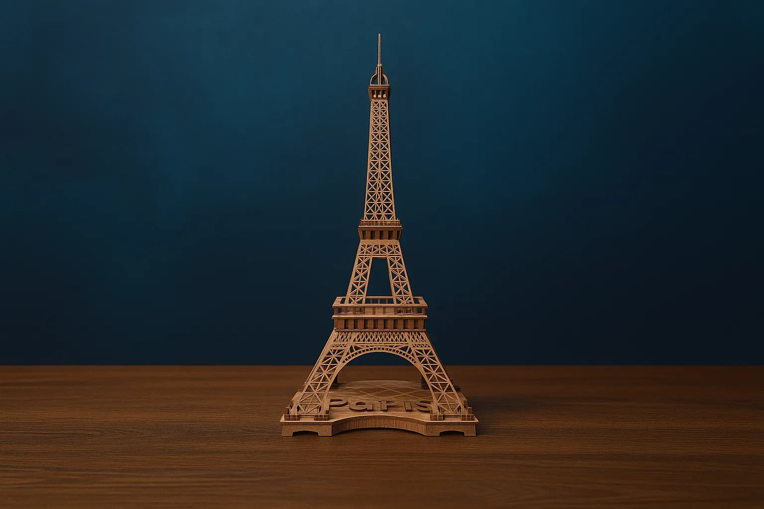 Maquette en bois de la tour Eiffel posée sur une table en bois devant un fond bleu uni.