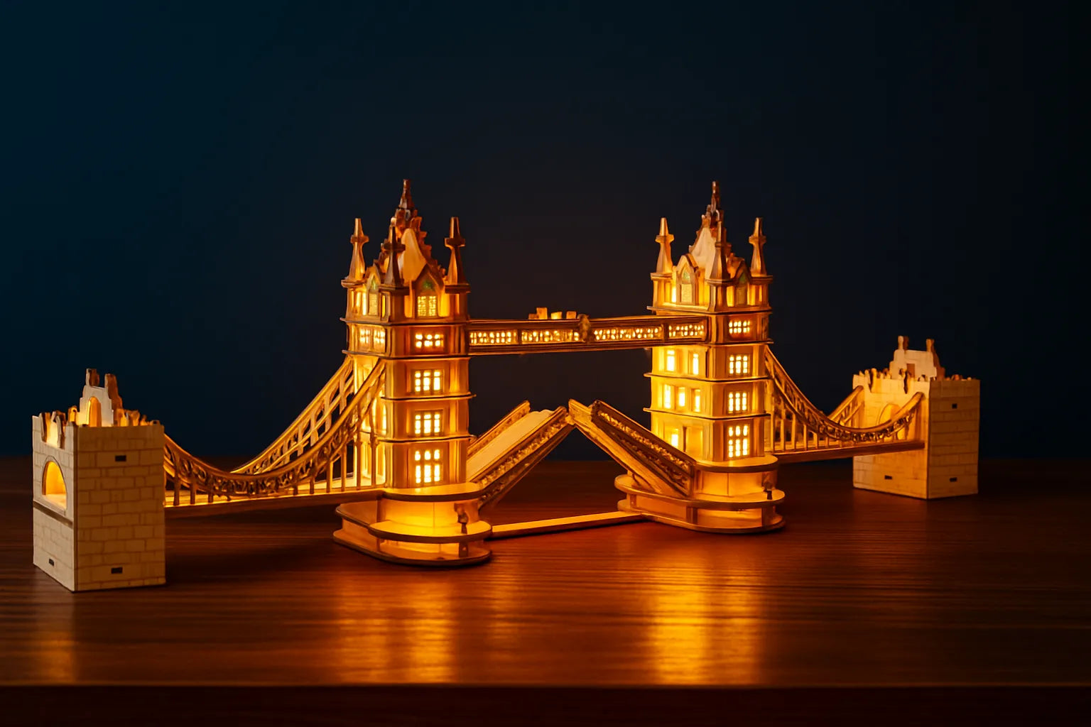 Maquette en bois illuminée du Tower Bridge de Londres, posée sur une table en bois devant un fond bleu foncé.