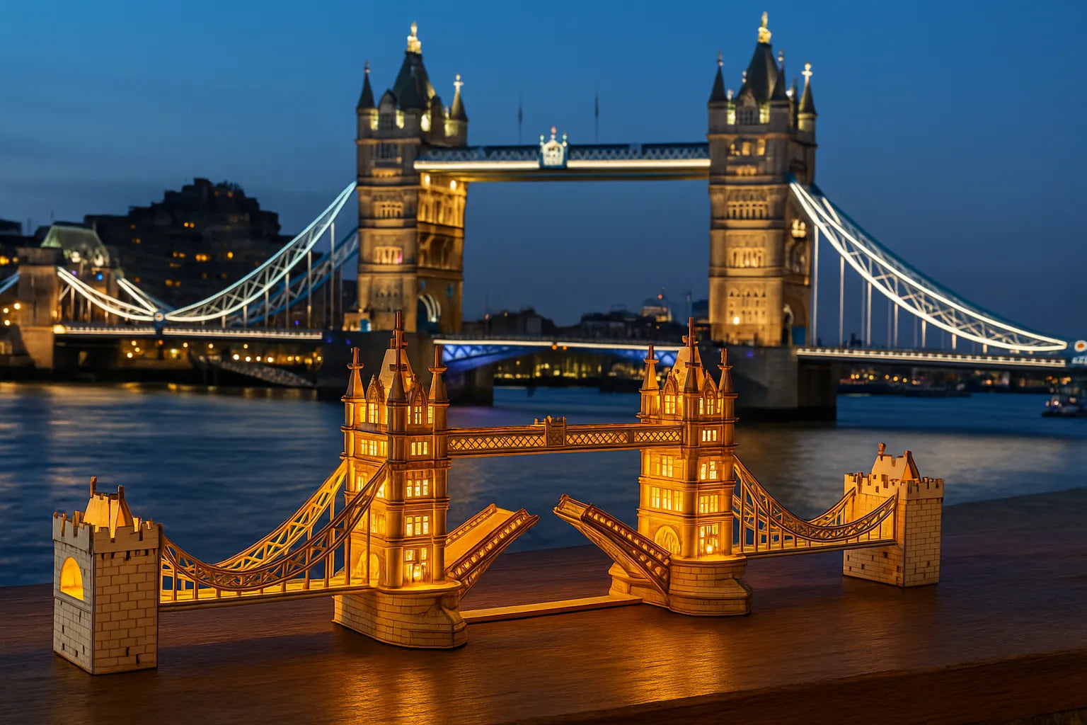 Maquette en bois illuminée du Tower Bridge de Londres posée sur une table, avec le véritable pont éclairé en arrière-plan au crépuscule.
