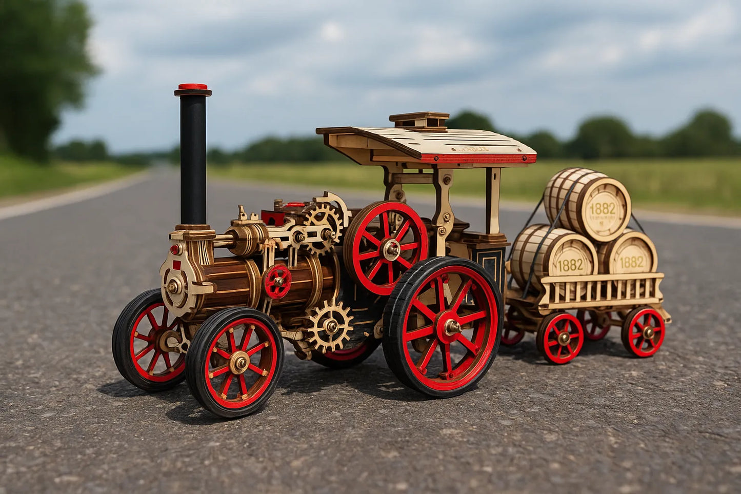 Maquette en bois d’un tracteur à vapeur décoré de roues rouges et dorées, tirant une remorque avec des tonneaux marqués 1882, placée sur une route de campagne.