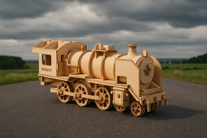 Maquette en bois d’un train à vapeur classique avec sa locomotive, placée sur une route de campagne sous un ciel nuageux.