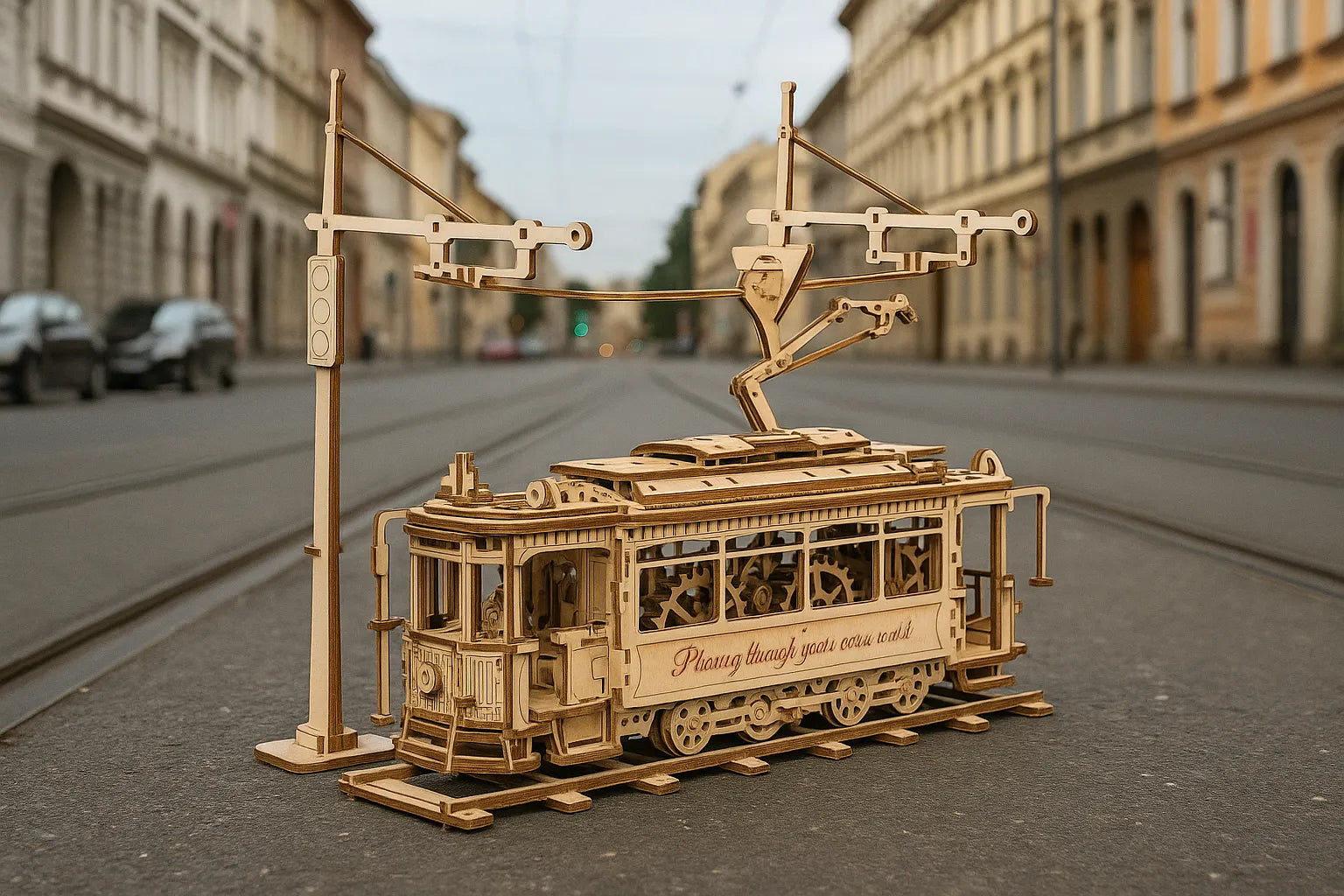 Maquette en bois d’un tramway vintage avec caténaire posée sur les rails d’une rue urbaine.