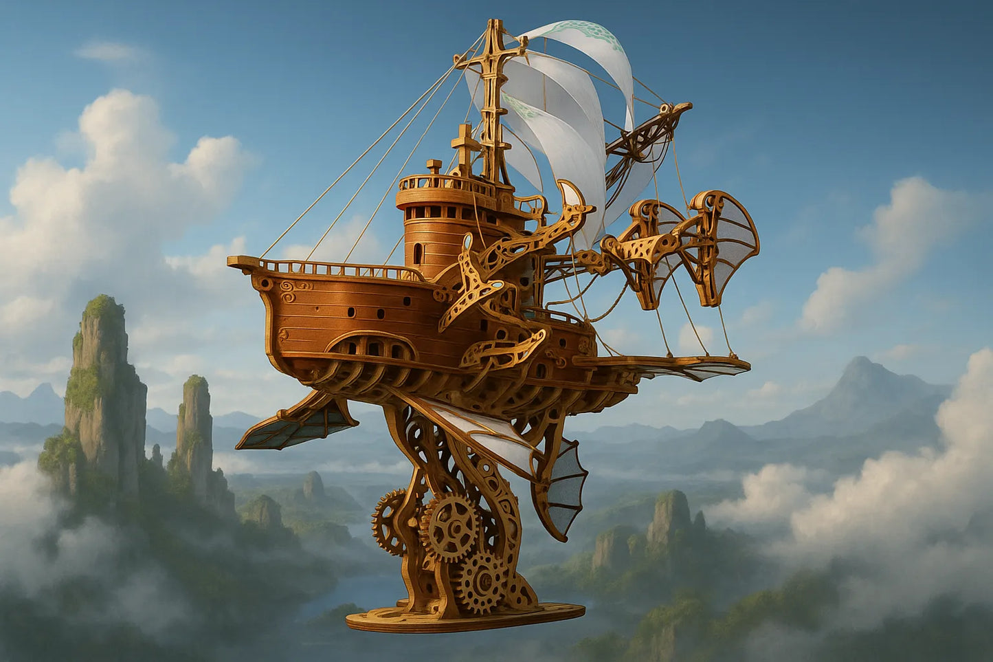 Maquette en bois d’un vaisseau steampunk détaillé, doté de voiles blanches et de structures mécaniques, flottant au-dessus des montagnes dans un ciel bleu brumeux.