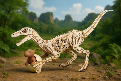 Maquette mécanique en bois d’un vélociraptor accompagnée d’un petit dinosaure sortant d’un œuf, sur un sol de terre avec un décor de jungle en arrière-plan.