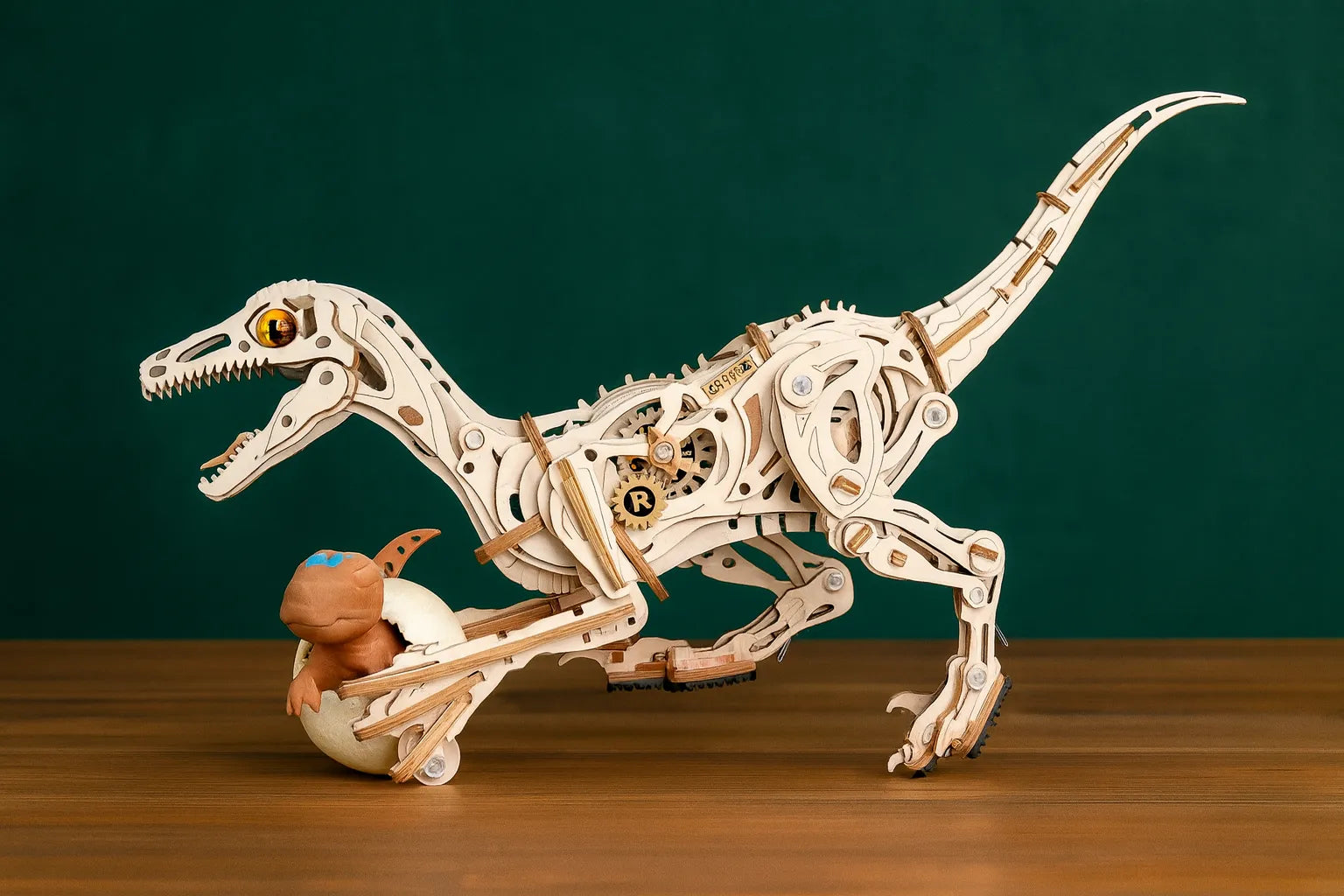 Maquette en bois articulée d’un vélociraptor avec engrenages visibles et un bébé dinosaure dans un œuf, posée sur une table en bois devant un fond vert foncé.