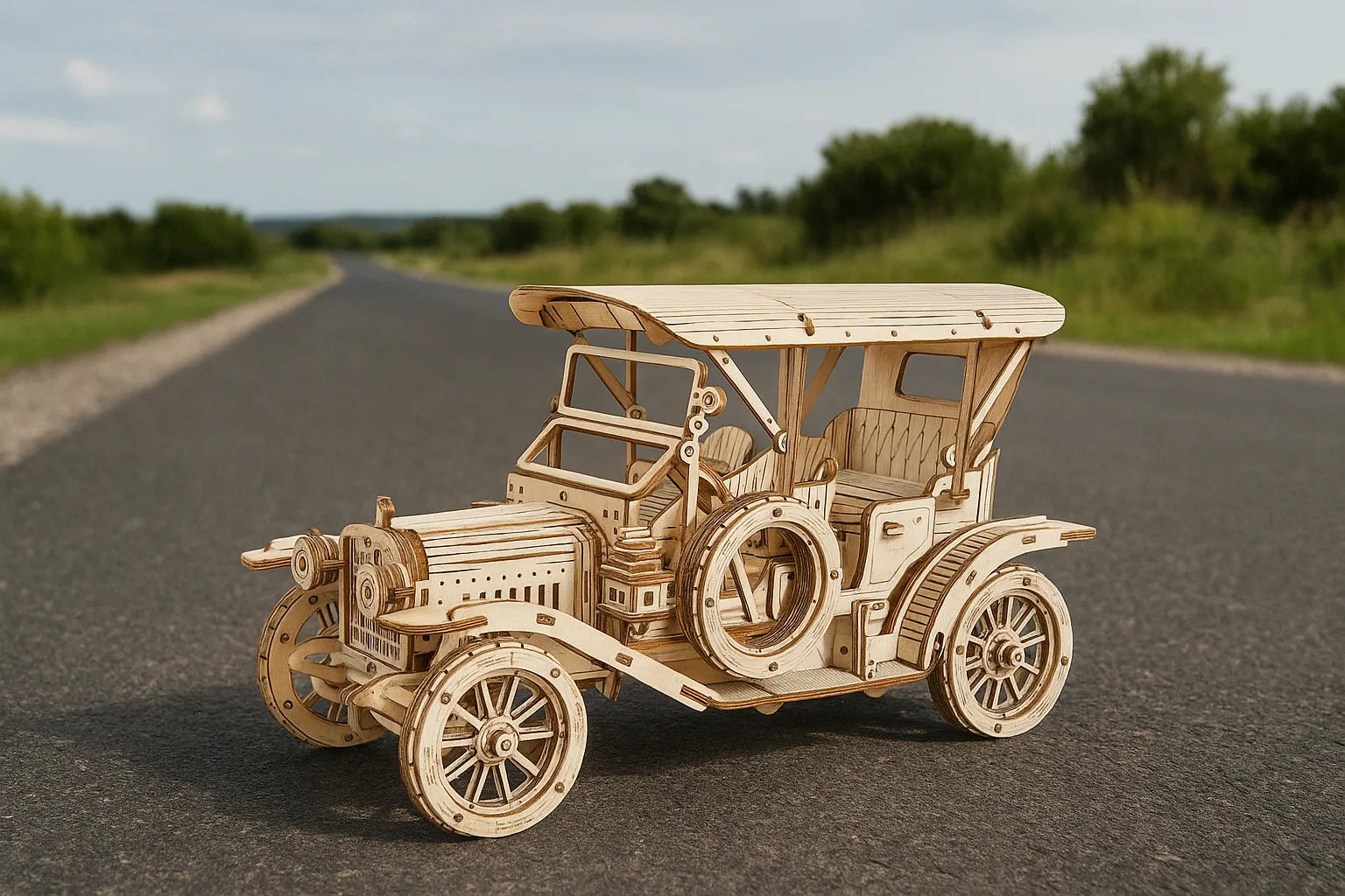 Maquette en bois d’une voiture ancienne de type Ford T posée sur une route de campagne.