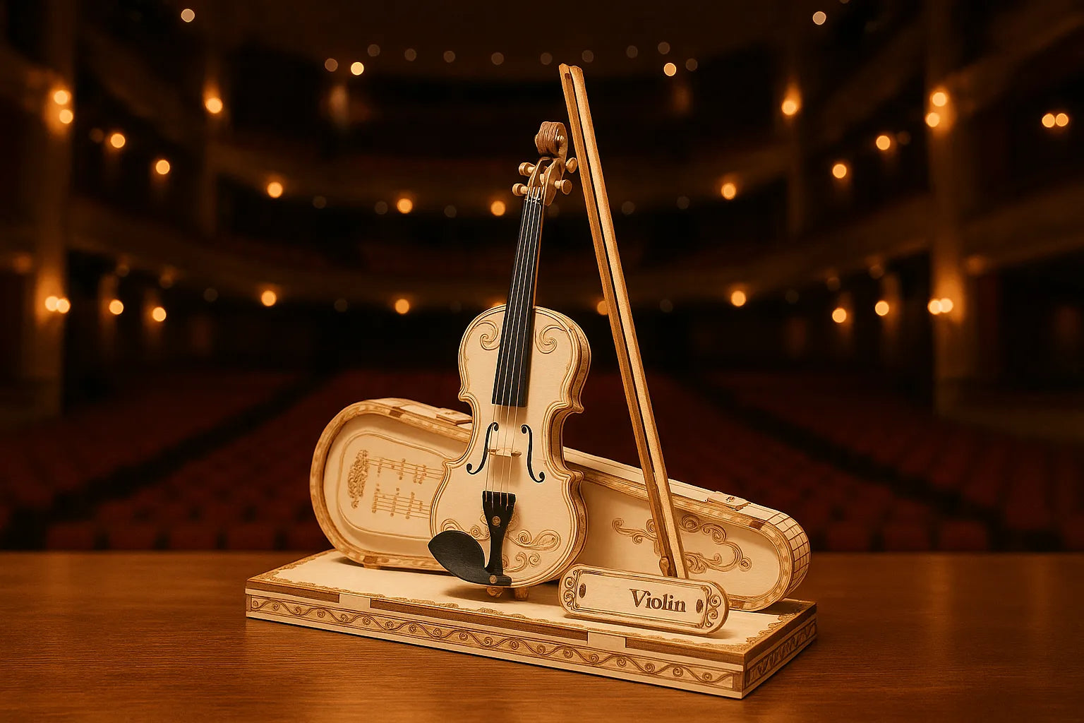 Maquette en bois d’un violon miniature posé sur sa housse ouverte, riche en détails gravés, exposé sur une scène d’opéra éclairée par des lumières dorées.