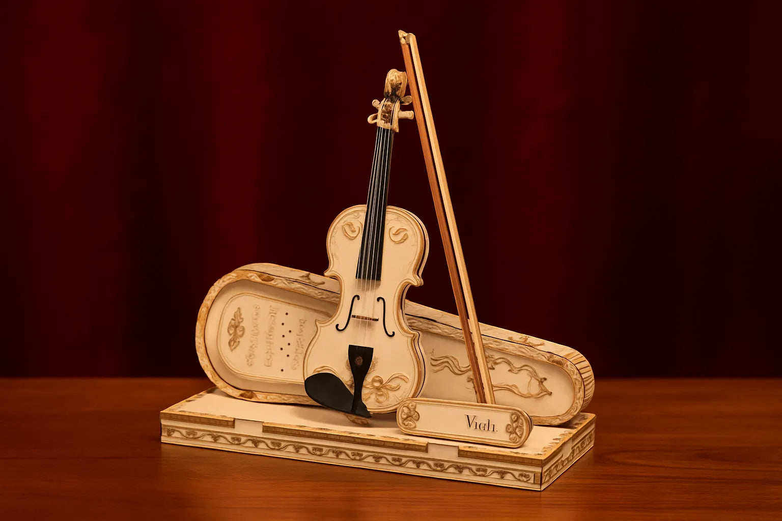 Maquette en bois d’un violon miniature posé sur sa housse ouverte, riche en détails gravés, sur fond rouge velours.