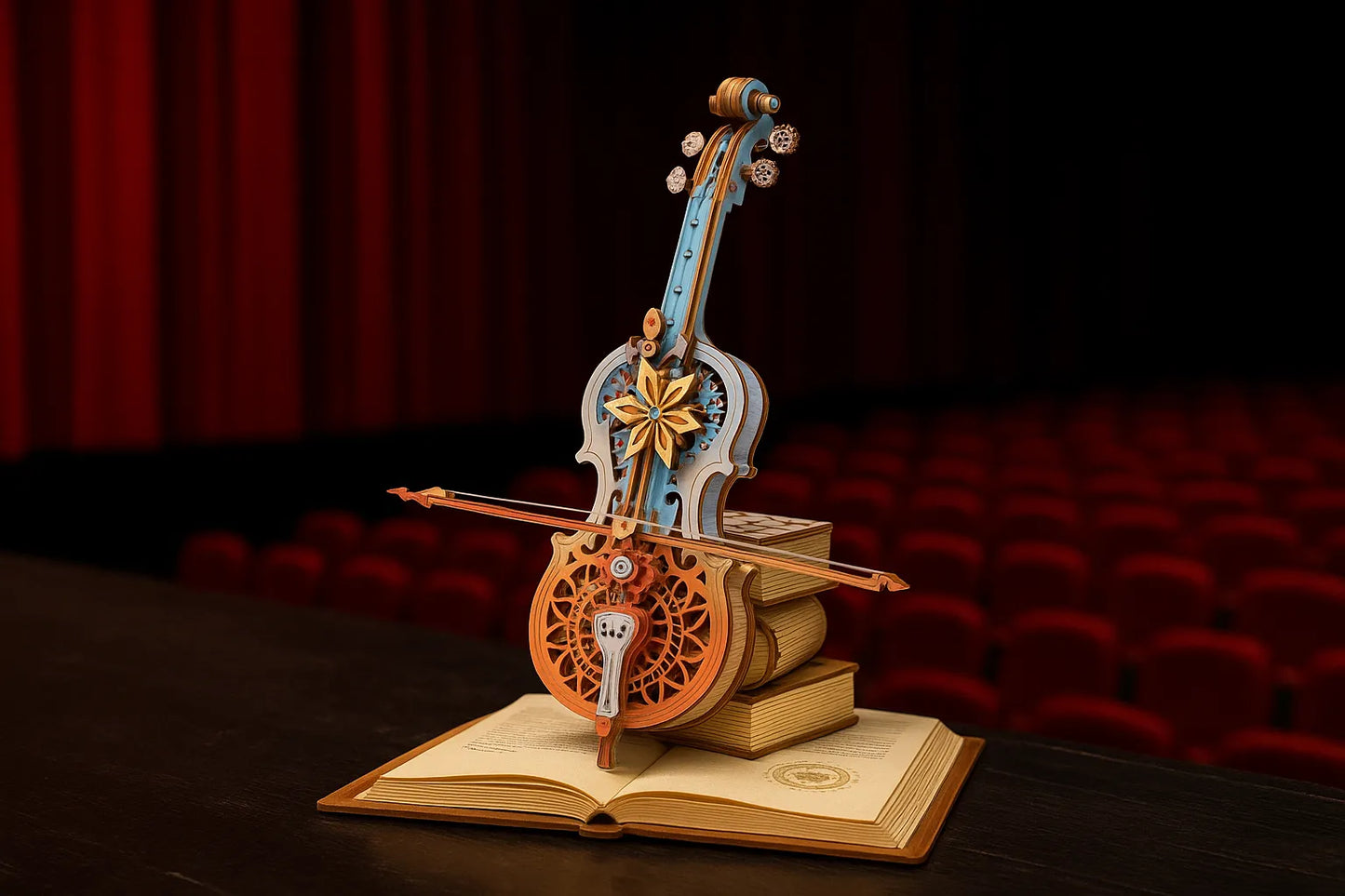 Maquette en bois colorée d’un violon fleuri, associant tons bleus et orangés, posée sur des livres ouverts sur une scène de théâtre aux sièges rouges.