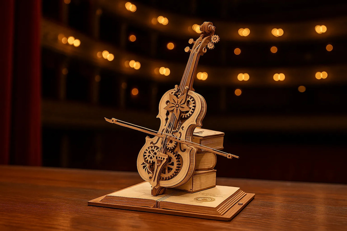 Maquette en bois d’un violon décoratif posé sur un livre ouvert, orné de motifs floraux sculptés, sur la scène d’un théâtre aux lumières dorées.
