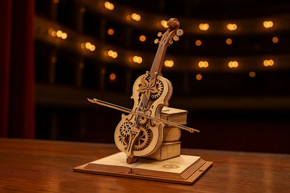 Maquette en bois d’un violon décoratif posé sur un livre ouvert, orné de motifs floraux sculptés, sur la scène d’un théâtre aux lumières dorées.