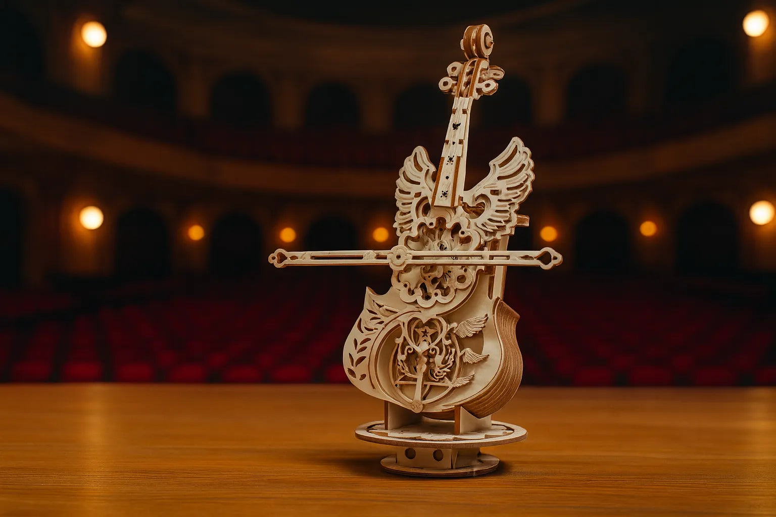 Maquette en bois d’un violoncelle aux ailes angéliques et aux détails ciselés, mise en lumière sur la scène d’un théâtre ancien.