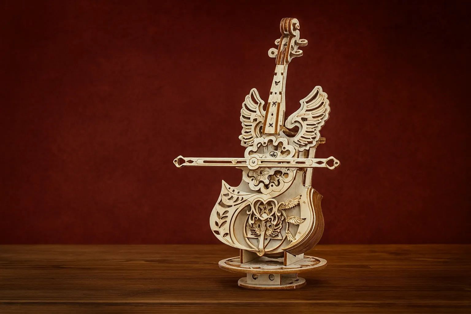 Maquette en bois d’un violoncelle élégant doté d’ailes d’ange sculptées, posée sur une table en bois devant un fond rouge texturé.