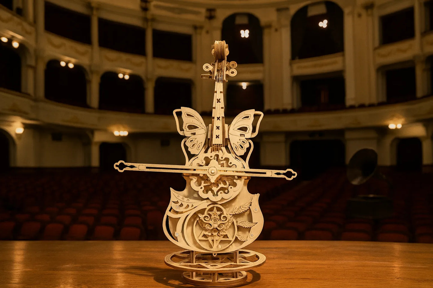 Maquette en bois d’un violoncelle mécanique orné d’ailes de papillons et de rouages apparents, exposée dans un théâtre classique à l’atmosphère feutrée.