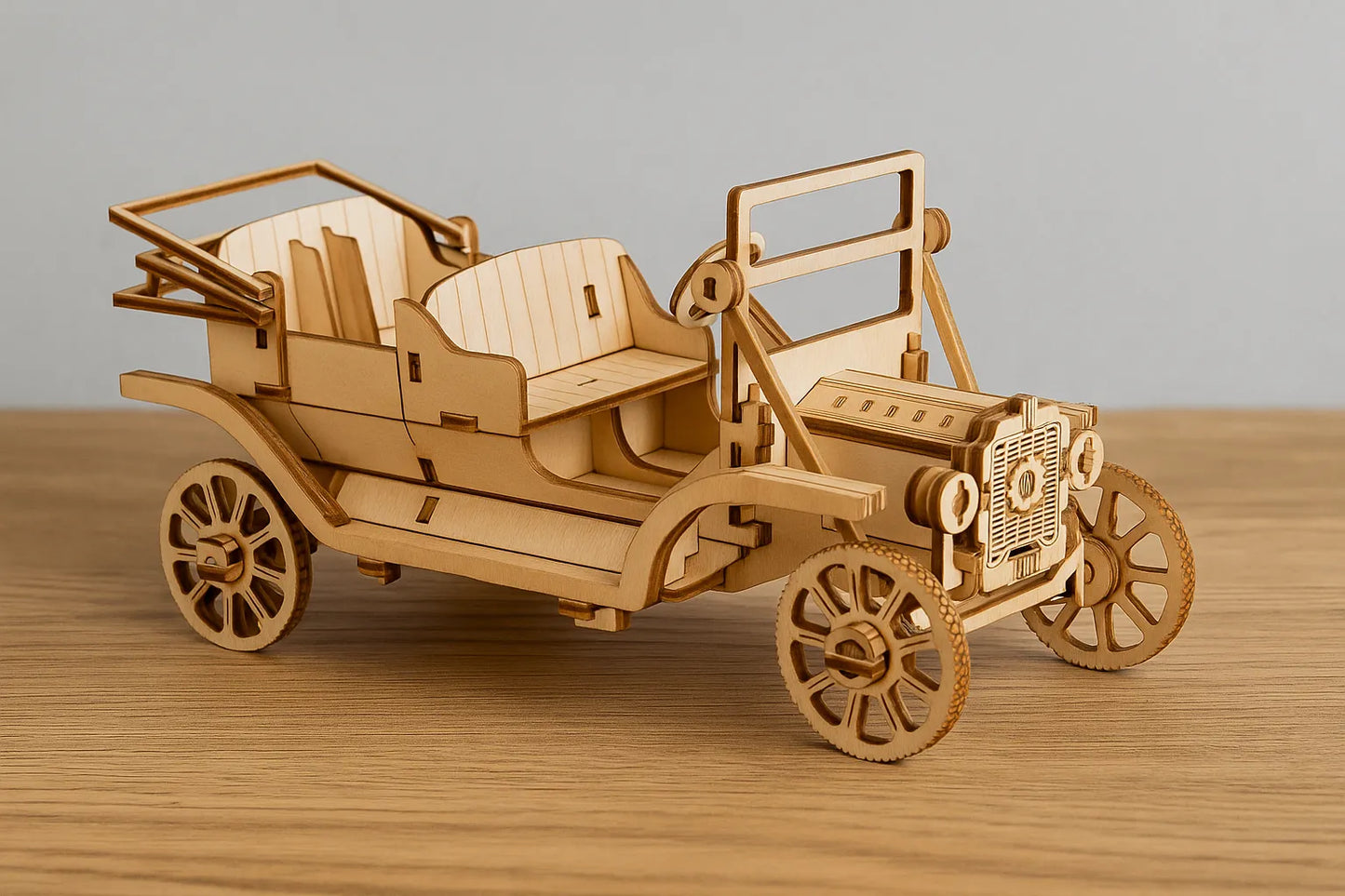 Maquette en bois d’une voiture ancienne, avec volant et sièges ouverts, posée sur une table en bois devant un mur gris clair.