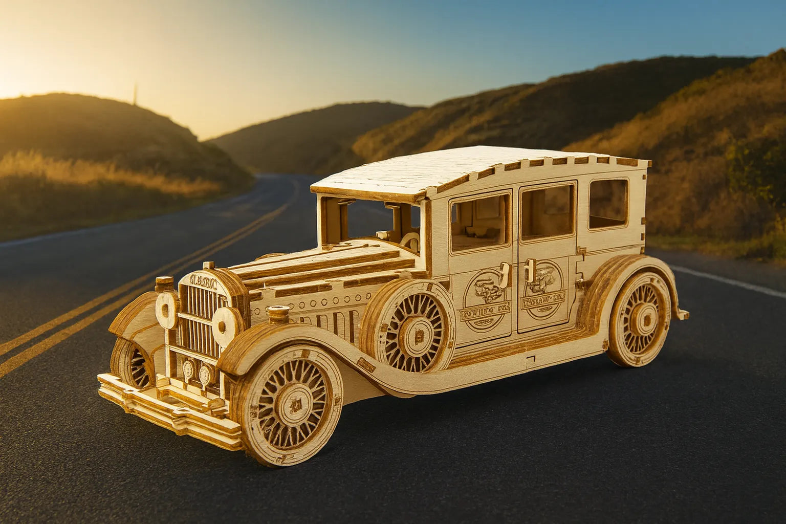 Maquette en bois d’une voiture classique à quatre portes avec l’inscription “Classic” sur la calandre, posée sur une route sinueuse au coucher du soleil.