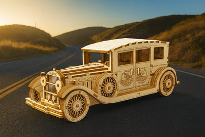 Maquette en bois d’une voiture classique à quatre portes avec l’inscription “Classic” sur la calandre, posée sur une route sinueuse au coucher du soleil.