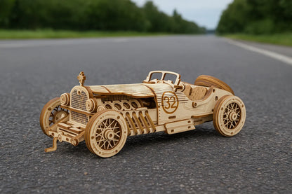 Maquette en bois d’une voiture de course vintage numéro 32, au style rétro, placée sur une route droite bordée de verdure.