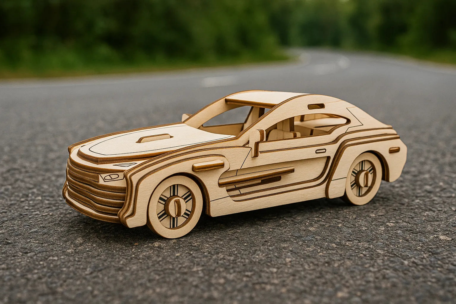 Maquette en bois d’une voiture de luxe moderne posée sur une route asphaltée.
