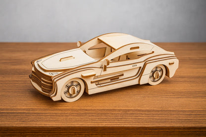Maquette en bois d’une voiture de luxe moderne posée sur une table en bois devant un mur gris clair.