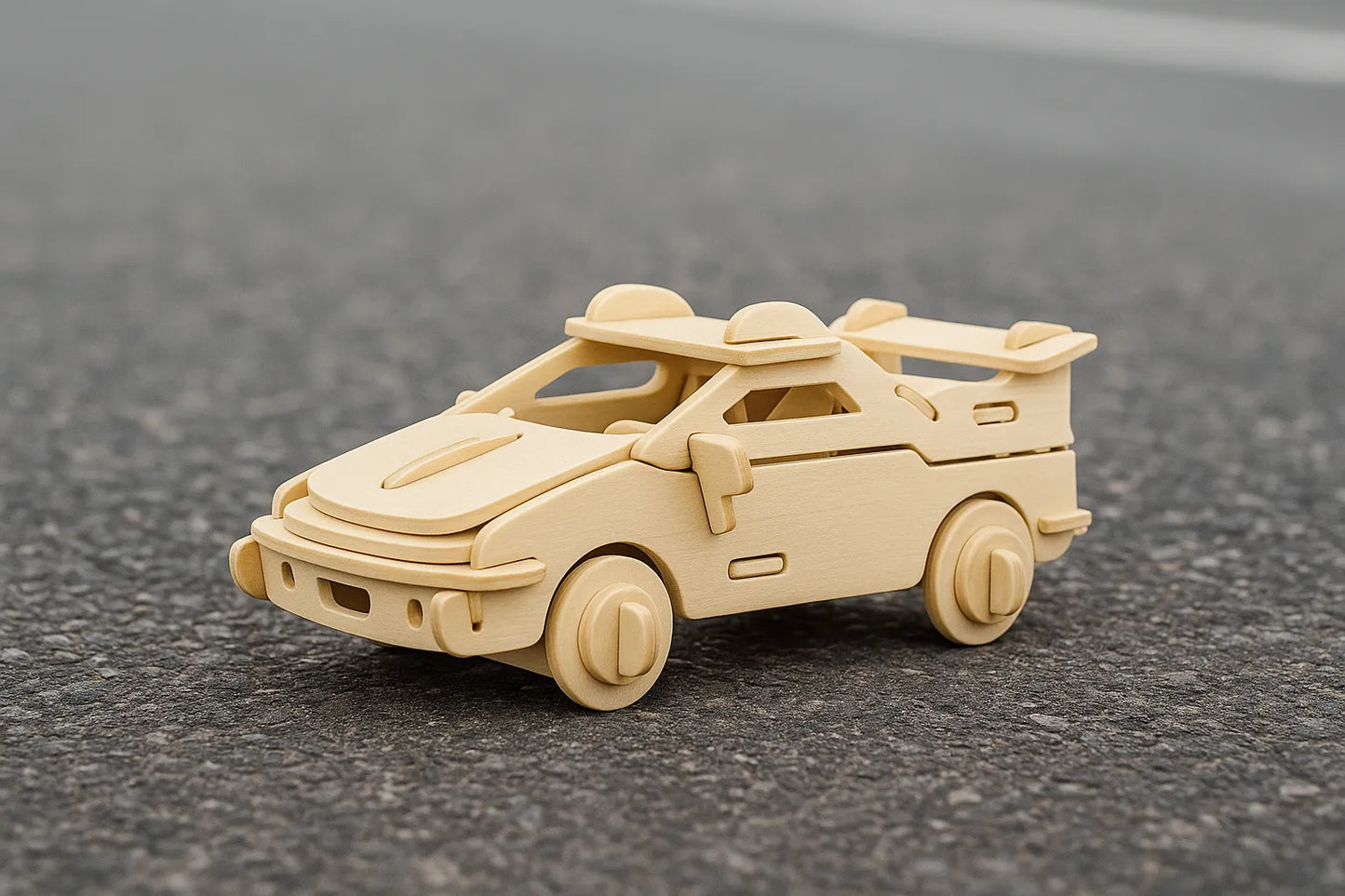 Maquette en bois d’une voiture de sport stylisée, couleur bois clair, placée sur une route asphaltée.