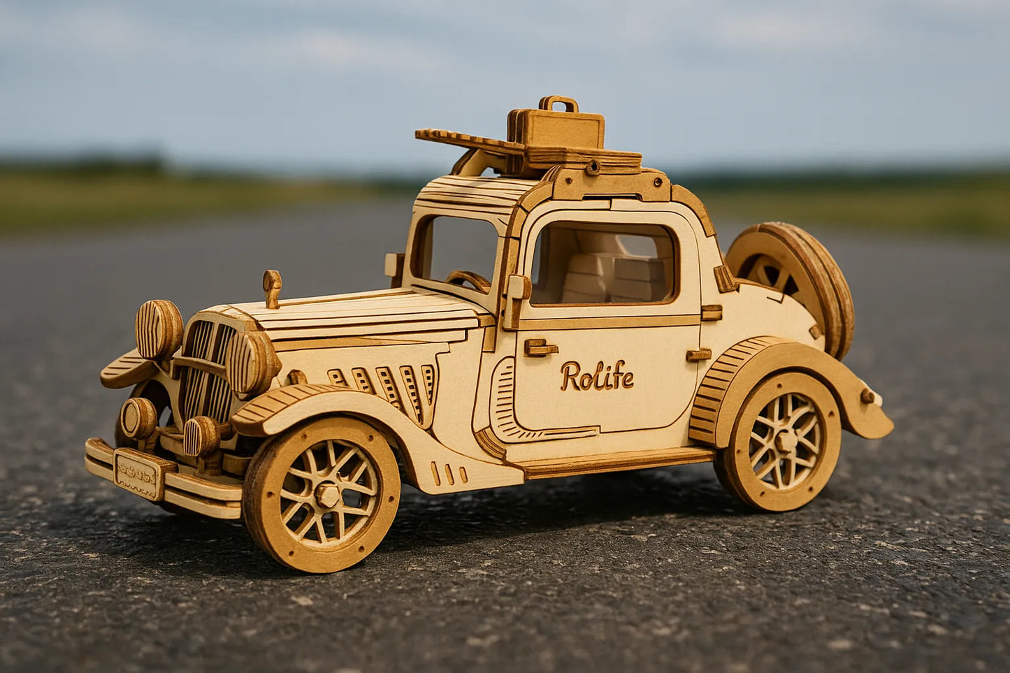 Maquette en bois d’une voiture vintage avec le logo “Rolife” sur la portière et une valise sur le toit, placée sur une route de campagne.