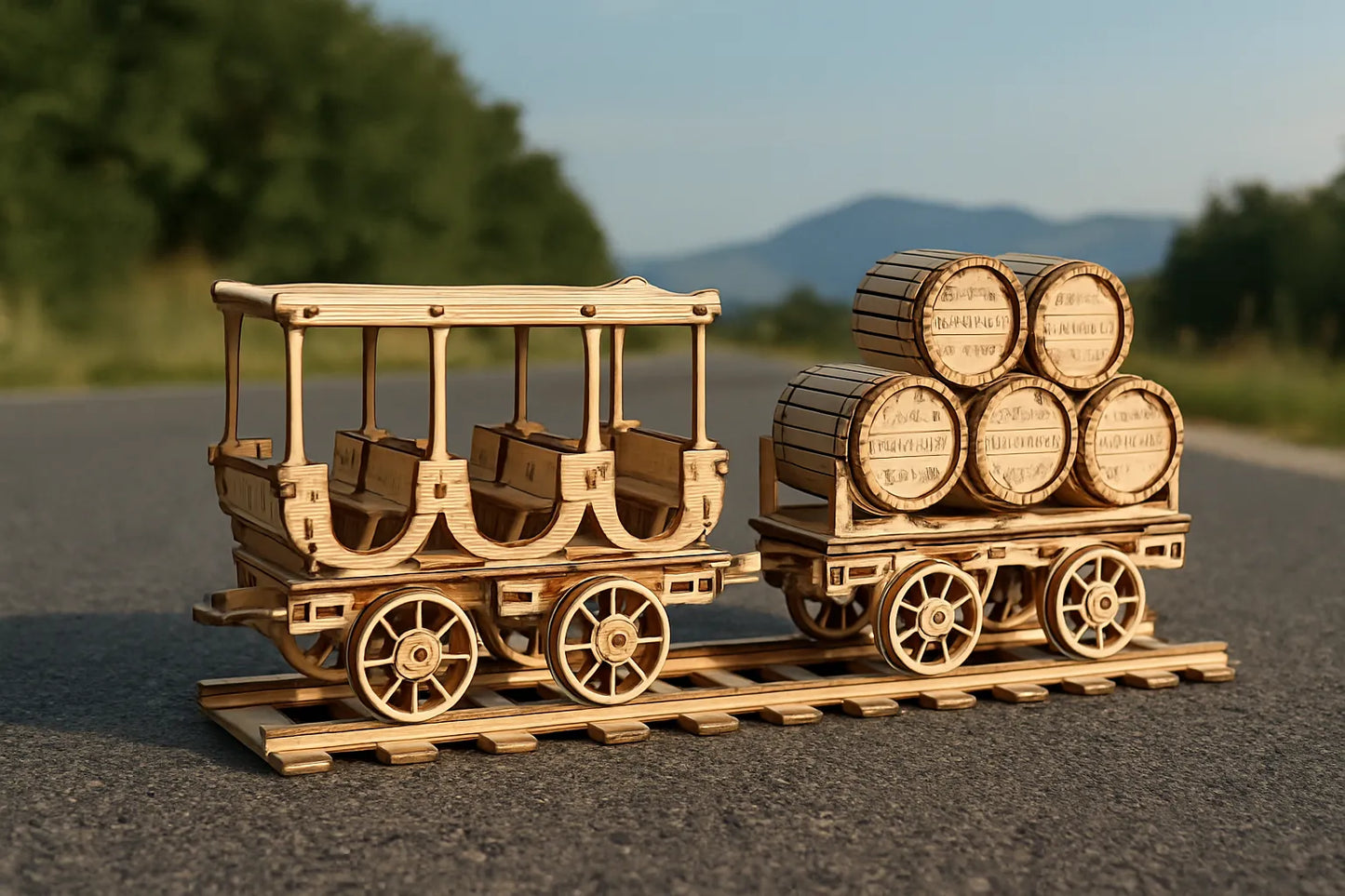 Maquette en bois d’un wagon de train ancien avec banquettes ouvertes, suivie d’un chariot transportant des tonneaux, posée sur une voie ferrée en pleine campagne.